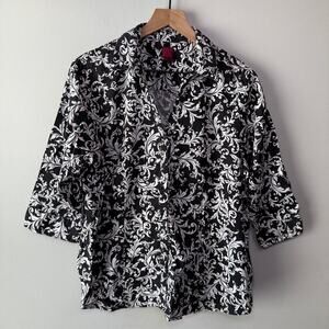 212 Collection Woman Stretch 3/4 Sleeve Printed Button Blouse Black Size 1X